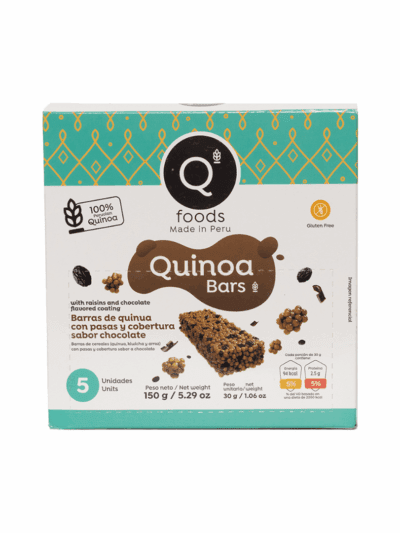 Caja de Quinoa Bars (5 unidades) Sabor: Maní y Chocolate / Pasas con Chocolate / Chocolate y Arándanos
